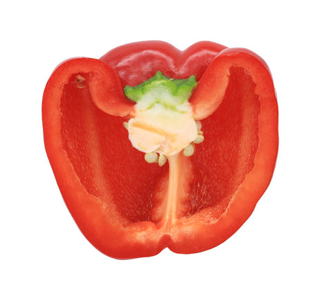 Red peper sliced isolated on white backgroundの写真素材