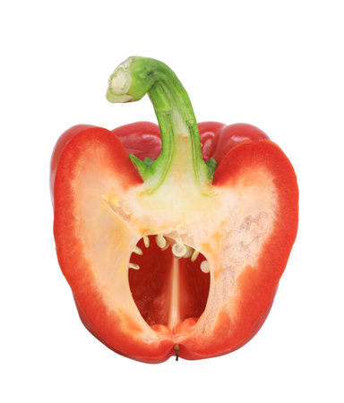 Red peper sliced isolated on white backgroundの写真素材
