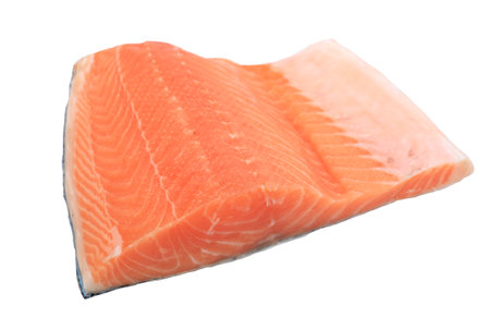 Raw salmon fillet isolated on white backgroundの写真素材