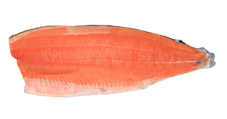 Raw salmon fillet isolated on white backgroundの写真素材