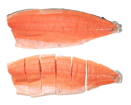 Raw salmon fillet isolated on white backgroundの写真素材