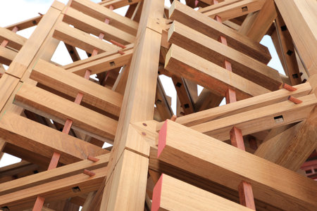 Construction details with teak wood, joints between elements. Wood joints detail with wooden dowel joints.の写真素材