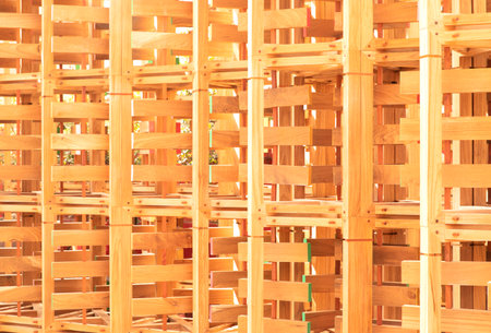 Construction details with teak wood, joints between elements. Wood joints detail with wooden dowel joints.の写真素材