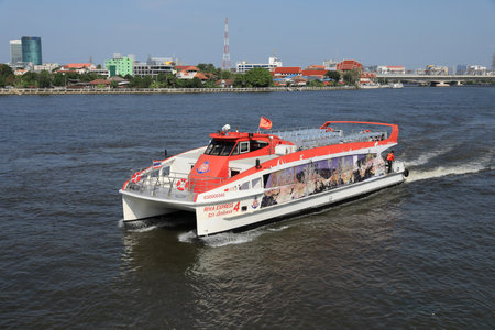 BANGKOK, THAILAND - FEBRUARY 12, 2023: Express boat provided the transportation services on the Chao Phraya River in Bangkok, Thailand.のeditorial素材