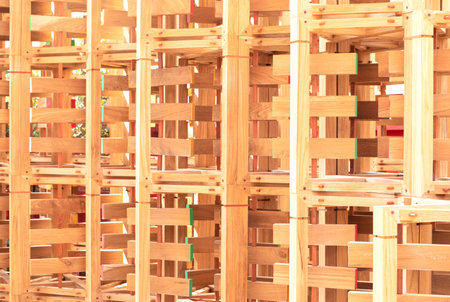 Construction details with teak wood, joints between elements. Wood joints detail with wooden dowel joints.の写真素材
