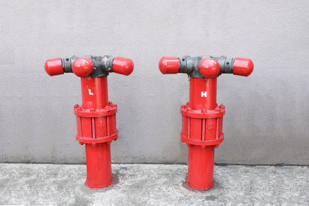 Two red fire hydrant installed on cement floor.の写真素材