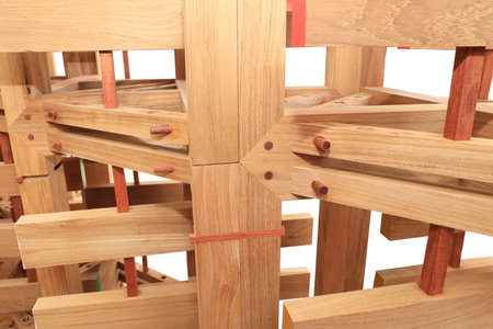 Wood joints detail with wooden dowel joints isolated.の写真素材