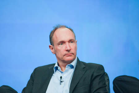 ORLANDO, FLORIDA â JANUARY 18, 2012: Inventor and founder of World Wide Web Sir Tim Berners-Lee delivers an address to IBM Lotusphere 2012 conference on January 18, 2012. He  speaks about social Webのeditorial素材