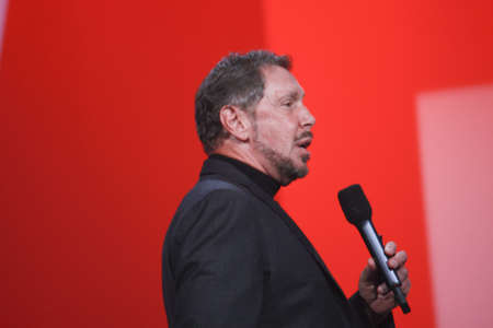 SAN FRANCISCO, CA, SEPT 30, 2012 - CEO of Oracle Larry Ellison makes his first speech at Oracle OpenWorld conference in Moscone center on Sept 30, 2012. He is the third in the Forbes list of richest US personsのeditorial素材