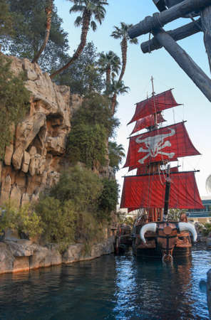 LAS VEGAS, NEVADA - MAY 5, 2009: Pirate ship at pond near Treasure Island hotel in Las Vegas on May 5, 2009. This Caribbean themed resort has an hotel with 2,884 roomsのeditorial素材