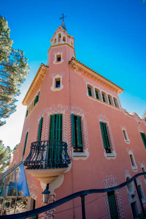 BARCELONA, SPAIN - FEB 7, 2014: House of Antoni Gaudi and museum in the Park Guell on Feb 7, 2014 in Barcelona. The park is with other works of Gaudi part of the Unesco world heritage sites.のeditorial素材