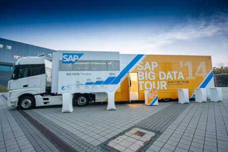 BERLIN, GERMANY – NOVEMBER 11, 2014: SAP Big Data demo truck stands near Messe Berlin Entrance...