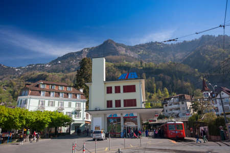 VITZNAU, SWITZERLAND - APRIL 20, 2014:  Railway station for trip from lake Lucerne shore to mount Rigi in Vitznau on April 20, 2014. Rigi railway is the Europeのeditorial素材