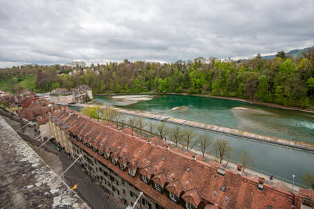 Riverside Matte district with houses at river Aare in Bern, Switzerlandの写真素材