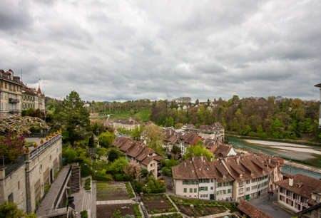 Riverside Matte district with houses at river Aare in Bern, Switzerlandの写真素材