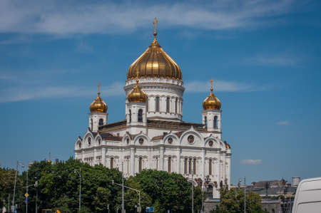 Close up view to Cathedral of Christ the Saviour in Moscow Russia. It is tallest Orthodox Christian church in worldの写真素材