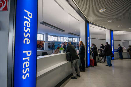 HANNOVER, GERMANY - MARCH 14, 2016: Press registration desk at CeBIT information technology trade show in Hannover, Germany on March 14, 2016.のeditorial素材