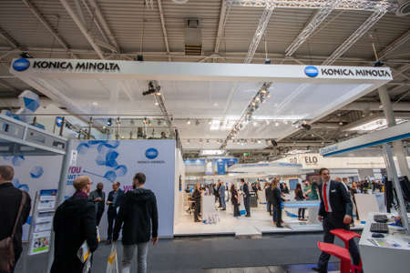 HANNOVER, GERMANY - MARCH 14, 2016: Booth of Konica Minolta company at CeBIT information technology trade show in Hannover, Germany on March 14, 2016.のeditorial素材