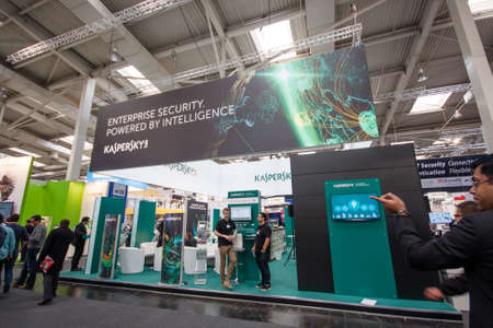 HANNOVER, GERMANY - MARCH 14, 2016: Booth of Kaspersky Lab company at CeBIT information technology trade show in Hannover, Germany on March 14, 2016.のeditorial素材