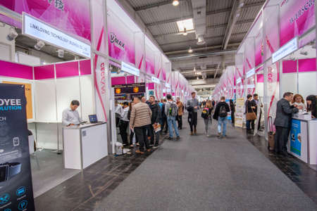 HANNOVER, GERMANY - MARCH 15, 2016: Multiple small China booths at CeBIT information technology trade show in Hannover, Germany on March 15, 2016.のeditorial素材