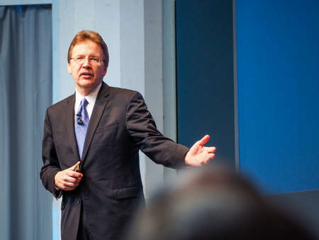 MUNICH, GERMANY - FEBRUARY 16, 2017: IBM Cognitive Solutions and Research Senior Vice President John Kelly delivers an address to IBM Genius of Things Summit in Munich, Germany on February 16, 2017.のeditorial素材