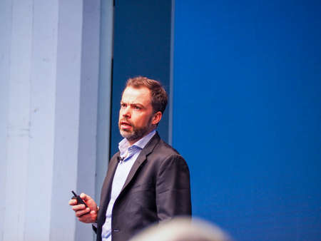 MUNICH, GERMANY - FEBRUARY 16, 2017: SNCF Chief Technology Officer Raphael Viard delivers an address to IBM Genius of Things Summit in Munich, Germany on February 16, 2017.のeditorial素材