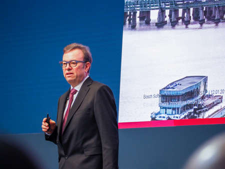 MUNICH, GERMANY - FEBRUARY 16, 2017: Bosch Software Innovations CEO Rainer Kallenbach delivers an address to IBM Genius of Things Summit in Munich, Germany on February 16, 2017.のeditorial素材