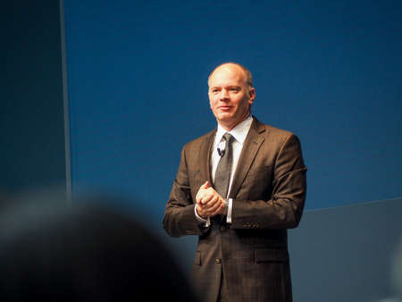 MUNICH, GERMANY - FEBRUARY 16, 2017: IBM Watson IoT Offerings General Manager Chris OConnor delivers an address to IBM Genius of Things Summit in Munich, Germany on February 16, 2017.のeditorial素材