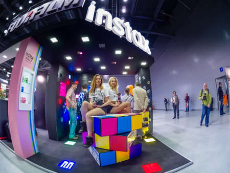 MOSCOW, RUSSIA - APRIL 21, 2017: Booth of Fujifilm company for promotion Instax cameras at...