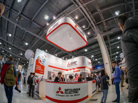 MOSCOW, RUSSIA - APRIL 21, 2017: Booth of Mitsubishi Electric company at PhotoForum 2017 trade show and exhibition in Moscow, Russia on April 21, 2017.のeditorial素材