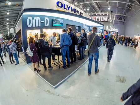 MOSCOW, RUSSIA - APRIL 21, 2017: Booth of Olympus company at PhotoForum 2017 trade show and exhibition in Moscow, Russia on April 21, 2017.のeditorial素材