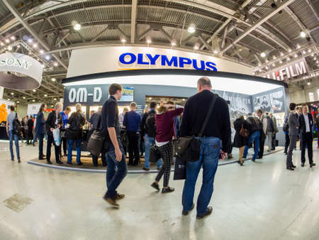 MOSCOW, RUSSIA - APRIL 21, 2017: Booth of Olympus company at PhotoForum 2017 trade show and exhibition in Moscow, Russia on April 21, 2017.のeditorial素材