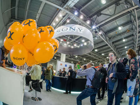 MOSCOW, RUSSIA - APRIL 21, 2017: Booth of Sony company at PhotoForum 2017 trade show and exhibition in Moscow, Russia on April 21, 2017.のeditorial素材