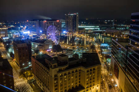 ATLANTA, GA, USA, MARCH 3, 2014 - Aerial night view to CNN Center, Philips Arena and Omni Hotel on March 3, 2014 in Atlanta, GA, USA.のeditorial素材