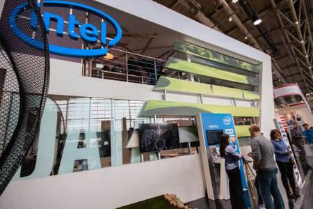 HANNOVER, GERMANY - MARCH 14, 2016: Booth of Intel Corporation at CeBIT information technology trade show in Hannover, Germany on March 14, 2016.のeditorial素材