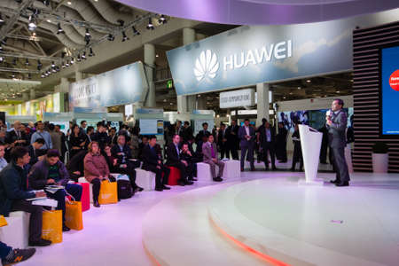 HANNOVER, GERMANY - MARCH 14, 2016: Presentation of Huawei product line president Jeff Wang in booth of Huawei company at CeBIT information technology trade show in Hannover, Germany on March 14, 2016のeditorial素材