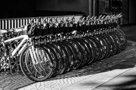 SAN FRANCISCO, CA, USA - SEPT 20, 2010: Row of parked bicycles at the Market street ready for rent on Sept 20, 2010 in San Francisco, USAのeditorial素材