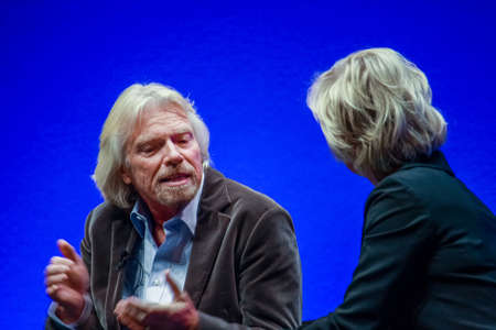 FRANKFURT, GERMANY - MAY 17, 2010: Richard Branson, Founder and President of Virgin Group, answering to SAP moderator in his keynote at SAPPHIRE conference of SAP company MAY 17, 2010のeditorial素材
