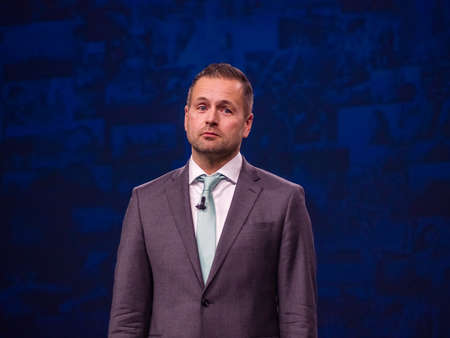 BERLIN, GERMANY - NOV 13, 2017: NetApp EMEA General Manager Alexander Wallner makes speech at NetApp Insight 2017 conference in Berlin, Germany on Nov 13, 2017.のeditorial素材