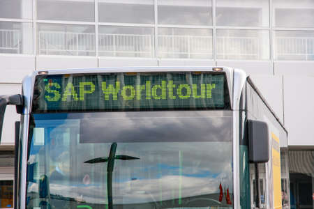 HANNOVER, GERMANY - MARCH 2, 2010: Bus of SAP Worldtour program at CeBIT trade show in Hannover, Germany on March 2, 2010.のeditorial素材