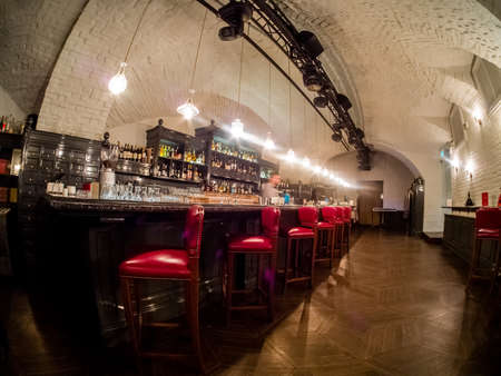 MOSCOW, RUSSIA - MAY 31, 2017: Bar of luxury restaurant Aragvi in Moscow, Russia on May 31, 2017. Restaurant was founded in 1930 by USSR NKVD minister Lavrentiy Beria. Now it has 9 halls.のeditorial素材