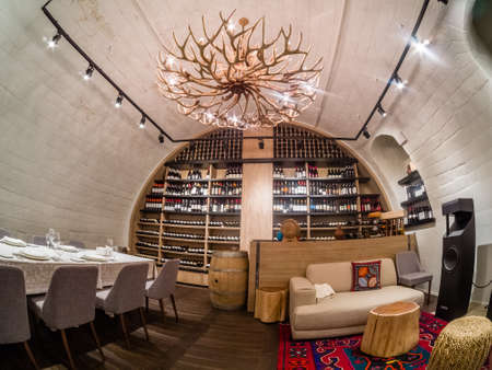 MOSCOW, RUSSIA - MAY 31, 2017: Collection of vintage wines of restaurant Aragvi in Moscow, Russia on...