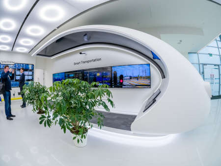 MOSCOW, RUSSIA - APRIL 3, 2018: Huawei Russia manager presents demo stand Smart Transportation at event opening OpenLab department on April 3, 2018 in Moscow, Russia.のeditorial素材