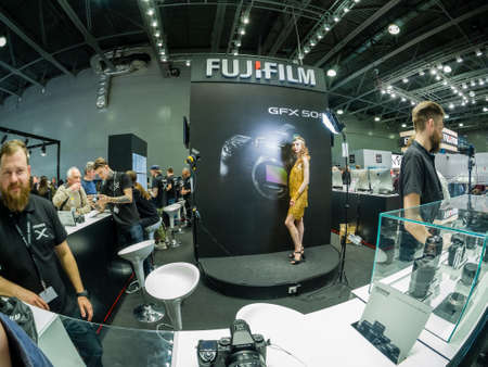 MOSCOW, RUSSIA - APRIL 13, 2018: Booth of Fujifilm company at PhotoForum 2018 trade show and exhibition in Moscow, Russia on April 13, 2018.のeditorial素材