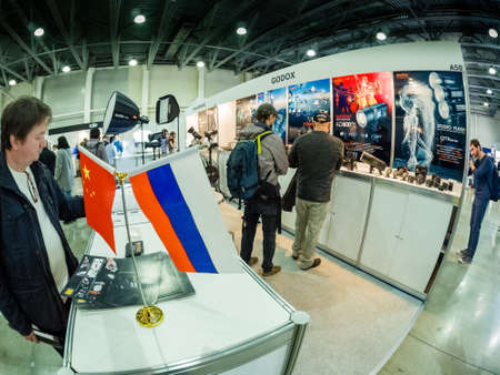 MOSCOW, RUSSIA - APRIL 13, 2018: Booth of Godox company at PhotoForum 2018 trade show and exhibition in Moscow, Russia on April 13, 2018.のeditorial素材