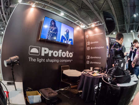 MOSCOW, RUSSIA - APRIL 13, 2018: Booth of Profoto company at PhotoForum 2018 trade show and exhibition in Moscow, Russia on April 13, 2018.のeditorial素材