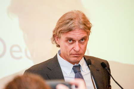 MOSCOW, RUSSIA - NOVEMBER 8, 2010: Founder and chairman of the Tinkoff Bank board of directors Oleg Tinkov make speech at SAS company conference on November 8, 2010 in Moscow, Russia.のeditorial素材