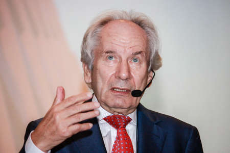 MOSCOW, RUSSIA - JUNE 20, 2013: Head of Scheer Management company August-Wilhelm Scheer make speech at Mission Possible conference on June 20, 2013 in Moscow, Russia.のeditorial素材