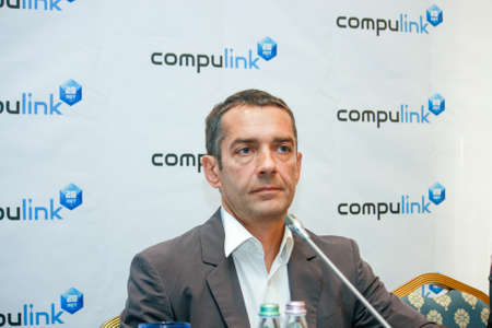 MOSCOW, RUSSIA - JUNE 4, 2013: President of Compulink Group of Companies Mikhail Lyashch  make speech at press briefing on June 4, 2013 in Moscow, Russia.のeditorial素材