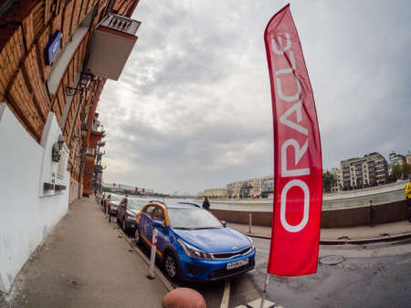 MOSCOW, RUSSIA - SEPTEMBER 11, 2018: Banner of Oracle Impact conference at Digital October business center in Moscow, Russia on September 11, 2018.のeditorial素材